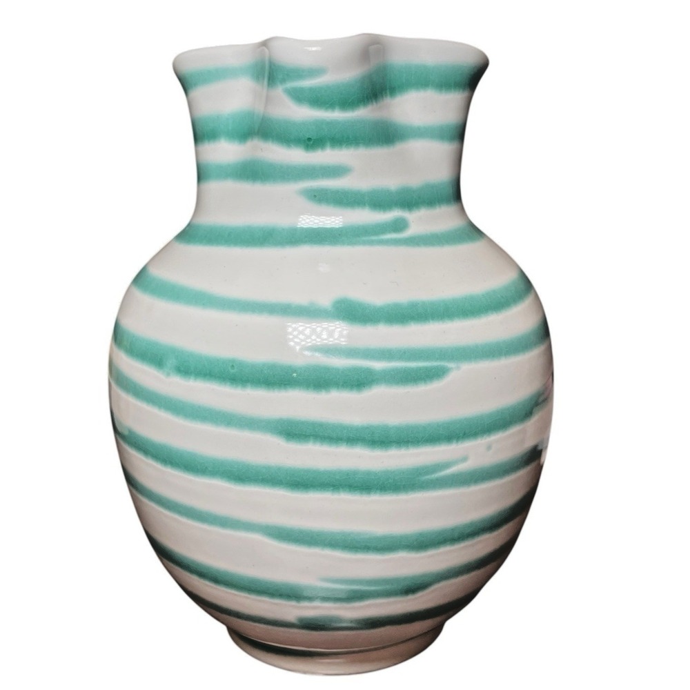 Vintage Gmundner Keramik Rare Green Stripe Hand Painted Pitcher 7 Inches Tall - Picture 4 of 11